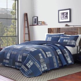 100-Percent Cotton Reversible 3 Piece Blue Patchwork Quilt Set (size: King Size)