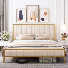 Gold Metal Platform Bed Frame with Beige White Upholstered Headboard (size: King Size)