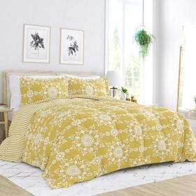 3-Piece Yellow White Reversible Floral Striped Comforter Set (size: King Size)