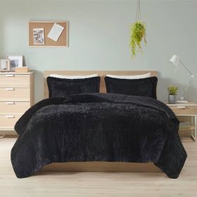 Black Soft Sherpa Faux Fur 3-Piece Comforter Set with Pillow Shams (size: Cal King)