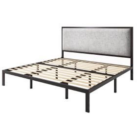 Black Metal Platform Bed Frame with Tall Grey Linen Upholstered Headboard (size: King Size)