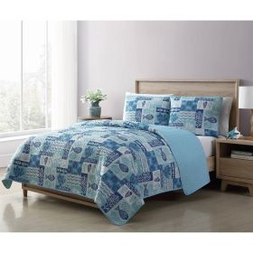 Beach Sea Shells Coral Fish Coastal 3-Piece Quilt Set (Color: Aqua Blue Cream, size: King Size)