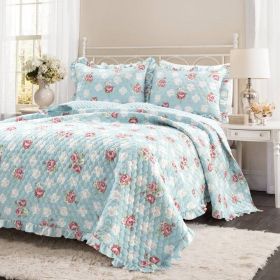 Vintage Rose Ruffle Edge Light Quilt Set in Blue White and Pink (size: King Size)