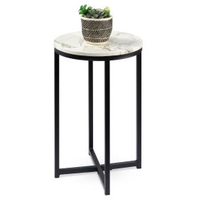 Round Cross Leg Design Coffee Side Table Nightstand with Faux Marble Top (Color: White/Matte Black)