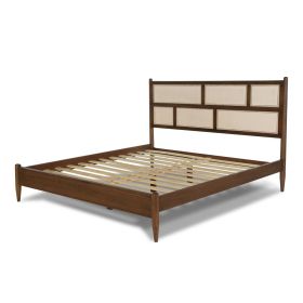 Hardwood Platform Bed Frame with Cane Paneling Headboard in Walnut (size: King Size)