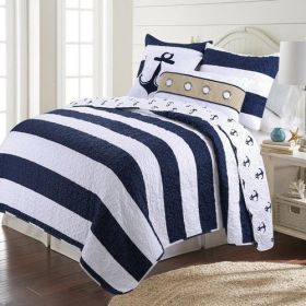2 Piece Nautical Stripped/Anchors Reversible Microfiber Quilt Set Navy, Twin (Option: 2-Piece, Color: Navy, size: Twin Size)