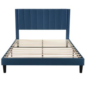 Modern Navy Blue Velvet Upholstered Platform Bed with Headboard (size: Queen Size)