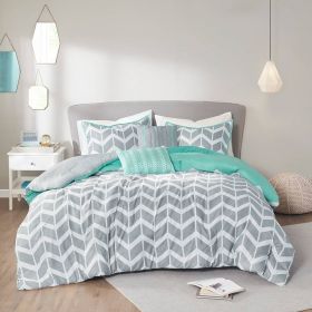 Reversible Comforter Set in Grey White Aqua Teal Chevron Stripe (size: King Size)