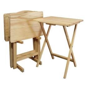 Set of 4 - Folding TV Tray Table Set with Stand (Color: Natural Finish)