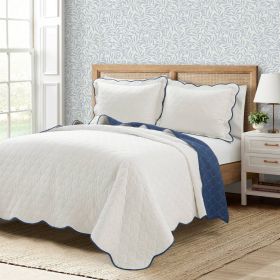 Scalloped Edge Reversible Lightweight Thin Light Quilt Set (Color: White Navy, size: King Size)