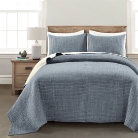 3-Piece Reversible Woven Cotton Quilt Set in Navy Cream (size: King Size)