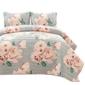 Polyester Black White Striped Rose Floral 3 Piece Quilt Set (size: King Size)