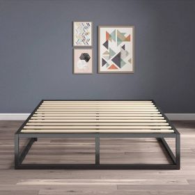 10-inch Low Profile Modern Metal Wood Slat Platform Bed Frame (size: Queen Size)
