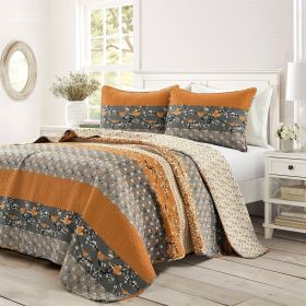 Floral Birds Reversible 3 Piece Quilt Set in Orange Grey (size: King Size)
