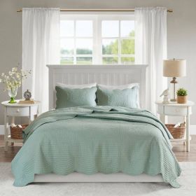 3-Piece Reversible Scalloped Edges Microfiber Quilt Set (Color: Seafoam, size: King Size)
