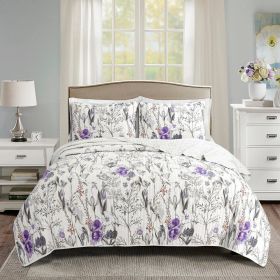 Lightweight Floral Quilt Set (Color: Purple Grey White, size: King Size)