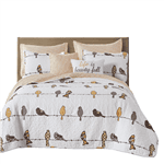 Floral Birds On Wire Lightweight 7 Piece Quilt Set (Color: Yellow Brown Grey, size: King Size)