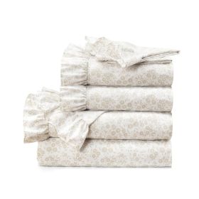 Floral Ruffle Polyester 6 Piece Sheet Set (Color: Tan White, size: King Size)