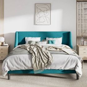Upholstered Linen Blend Headboard Wingback Platform Bed in Turquoise (size: King Size)