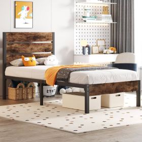Modern Farmhouse Metal Platform Bed Frame with Brown Wood Headboard (size: Twin Size)