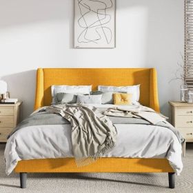 Upholstered Linen Blend Headboard Wingback Platform Bed in Yellow (size: King Size)