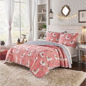 Pink Blue Reversible Floral Llama 100-Percent Cotton Quilt Set (size: King Size)