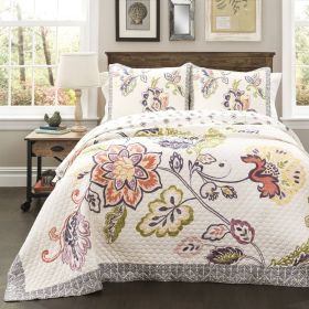 3 Piece Floral Boho Cotton Quilt Set (Color: Off-White Navy Pastel, size: King Size)